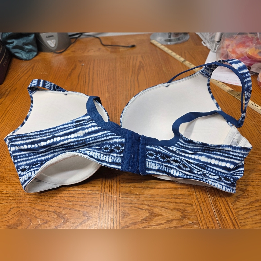 Cacique Blue White Cotton Boost Plunge Underwire Bra 42DD - Picture 2 of 12